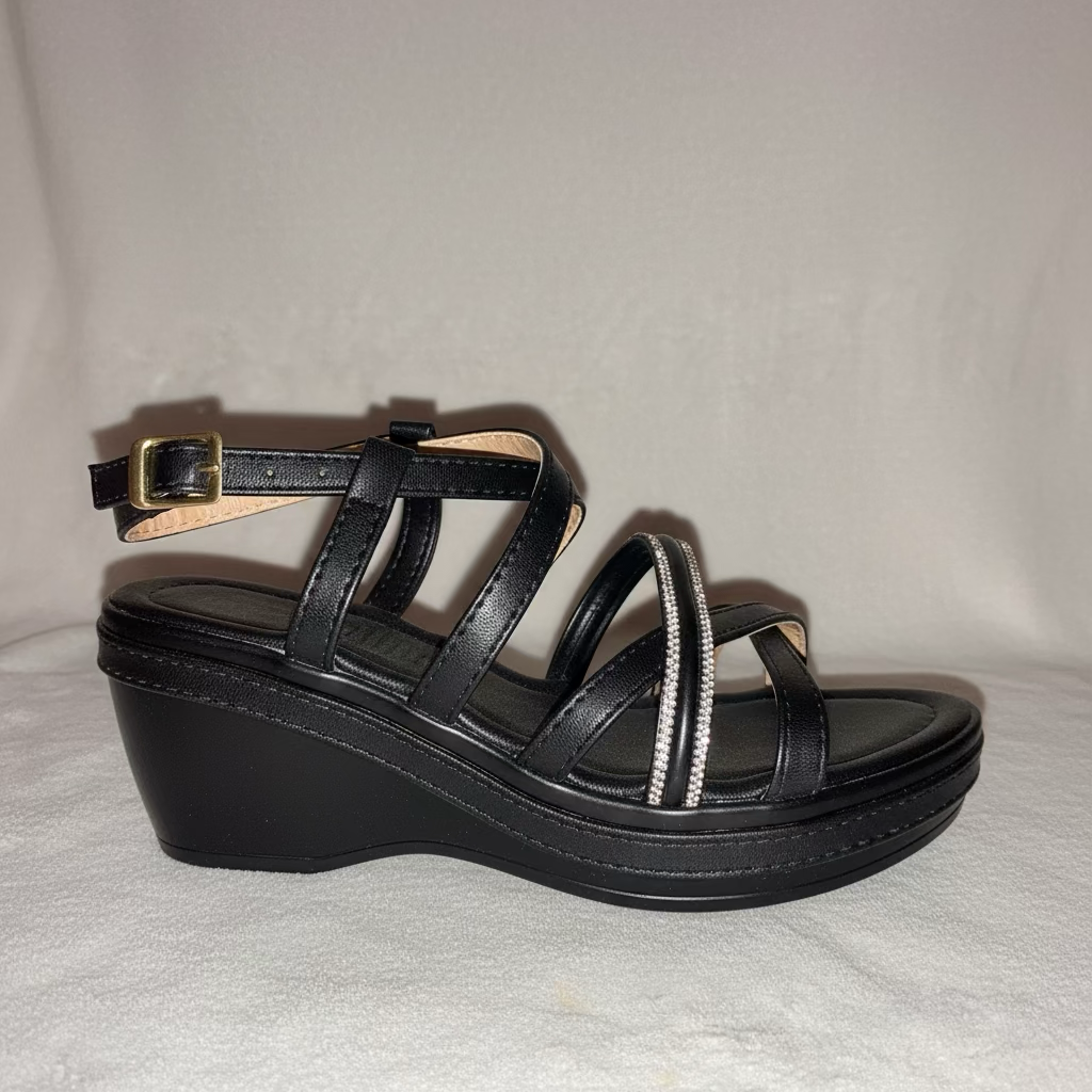 Vista detalle sandalias Alma Negra cuña acolchada estilo formal artesanal