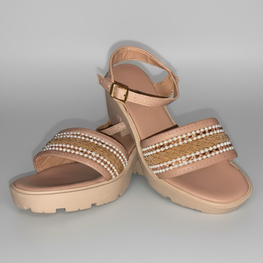 NØIR SÄN Perla del Caribe sandalias plataforma con cuentas de perla y trenza dorada