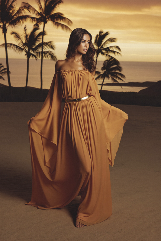 Vestido Alma Dorada - Palmeras tropicales al atardecer - NØIR SÄN