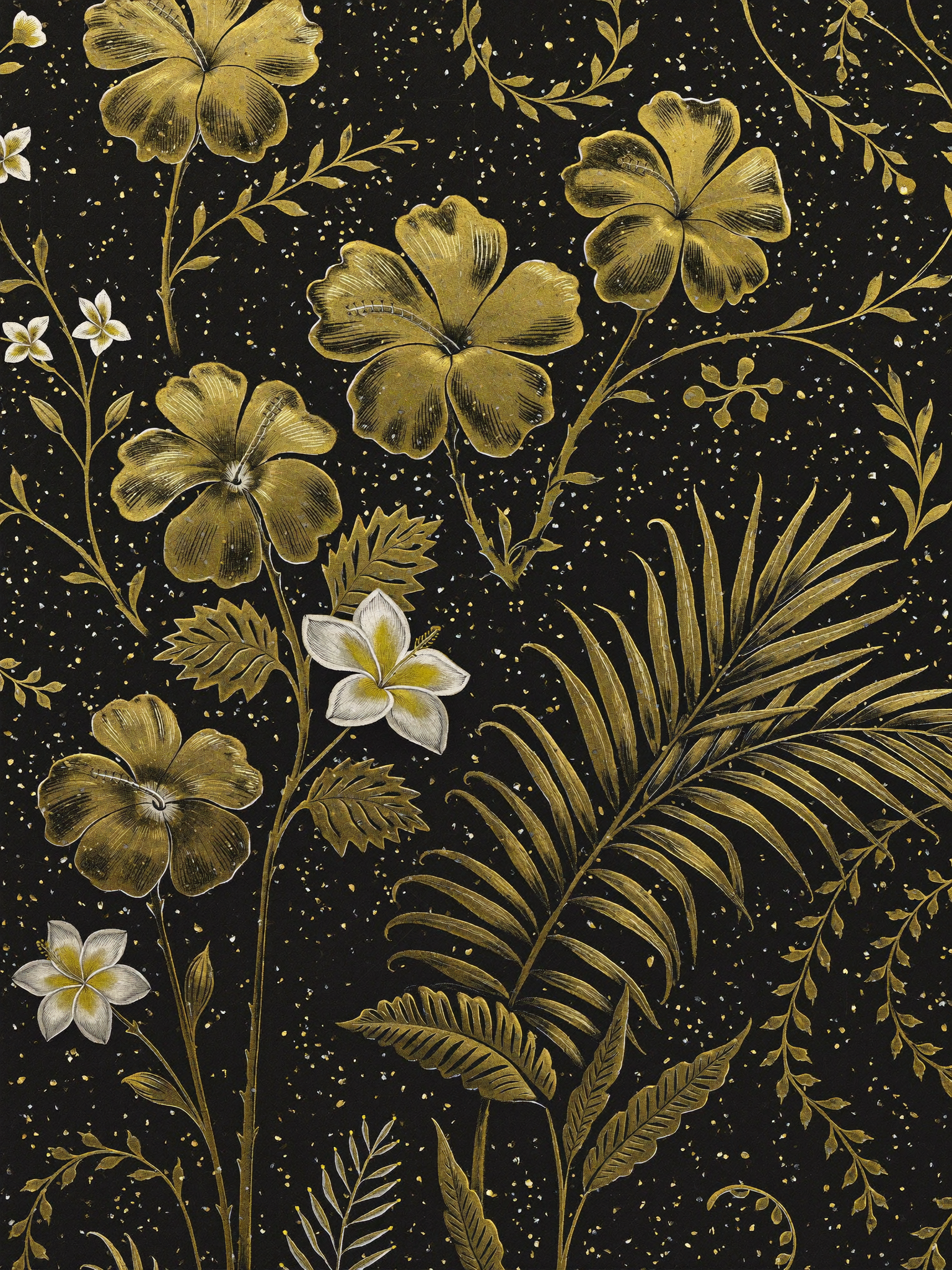 Vestido Noir Botánico - Patrón all-over print negro y dorado - NØIR SÄN