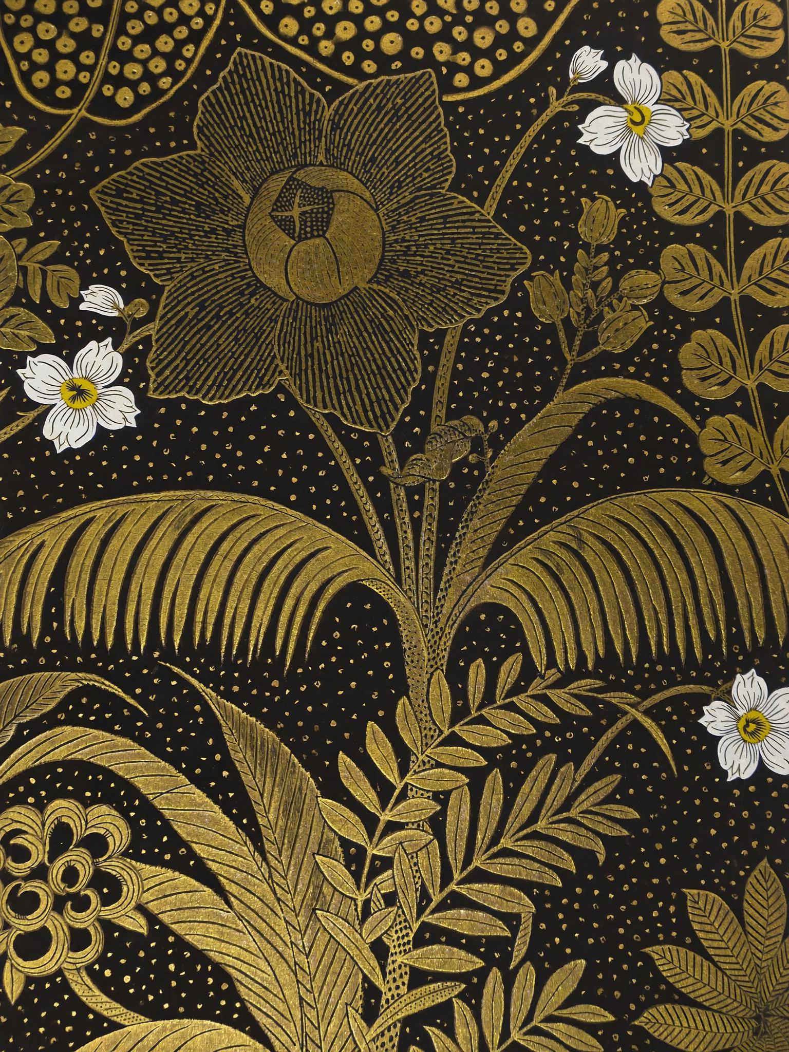 Vestido Noir Botánico - Detalle patrón dorado hibiscos y palmas - NØIR SÄN